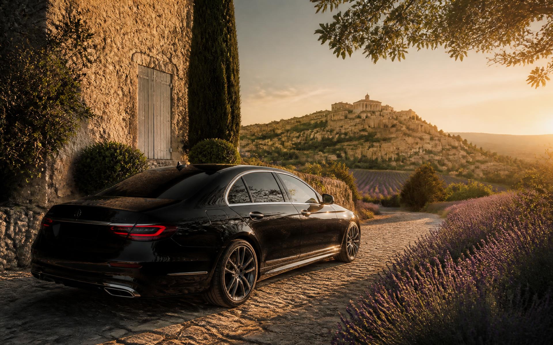 Berline premium Must Go Driver au coucher du soleil face au village de Gordes en Provence